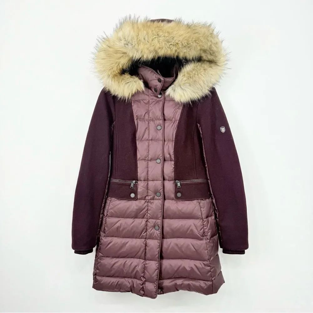 1 Madison Expedition Burgundy Wool Down Insulated Puffer Coat Faux Fur Hood